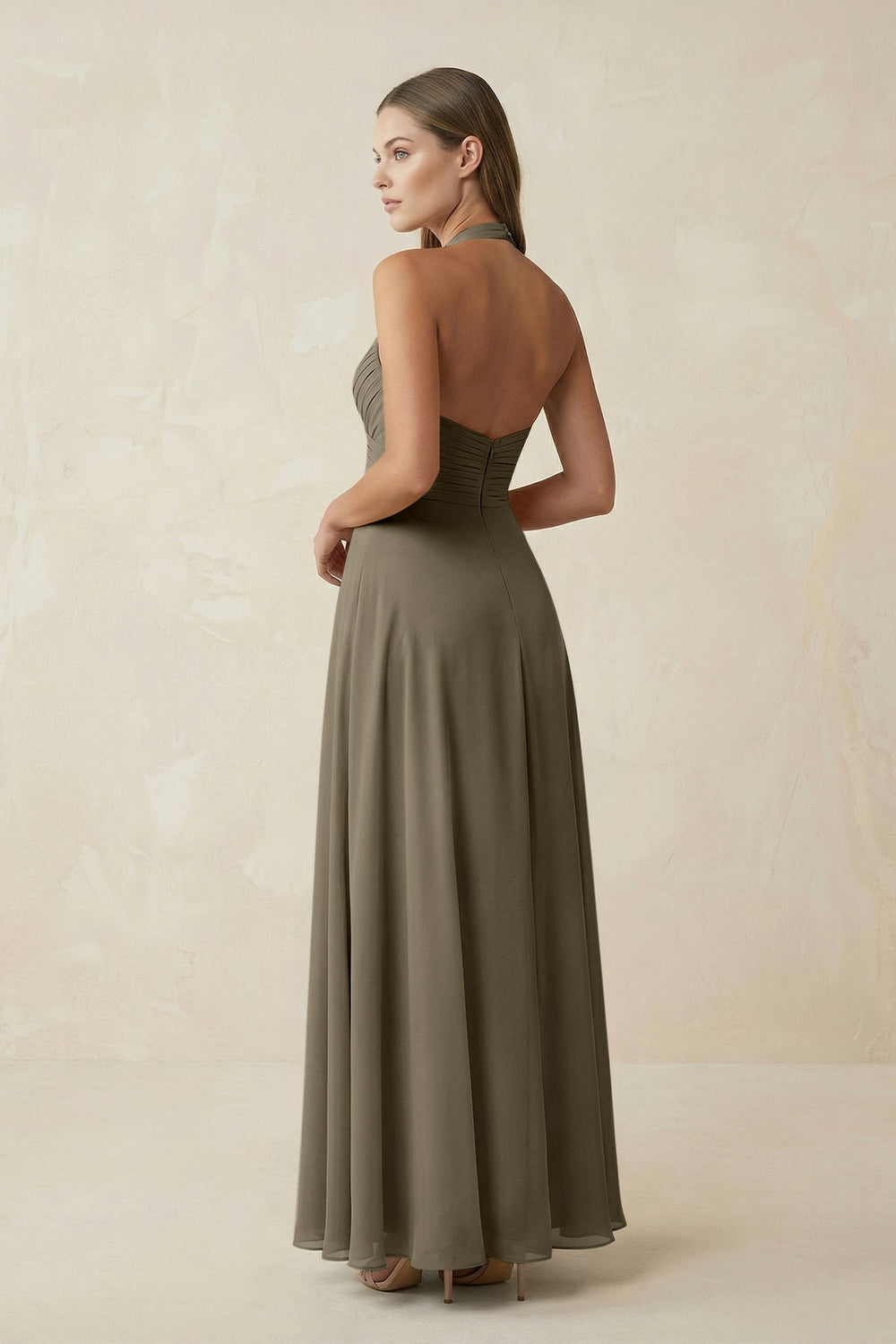 A-Line Pleated Chiffon V-Neck Bridesmaid Dress in Willow Green - KISS BRIDAL BRIDESMAID DRESSES
