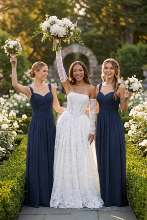 A - Line Pleated Chiffon Long Bridesmaid Dress in Dark Navy - KISS BRIDAL Bridesmaid Dresses