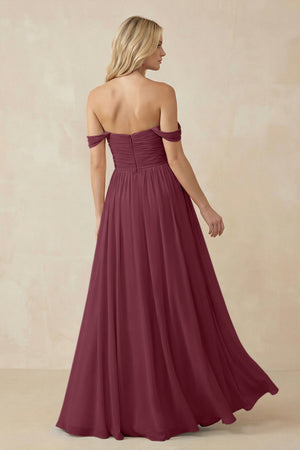A-Line Pleated Long Chiffon Bridesmaid Dress in Desert Rose (2) | KISSBRIDAL