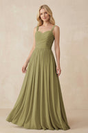 A-Line Pleated Long Chiffon Bridesmaid Dress in Moss Green | KISSBRIDAL