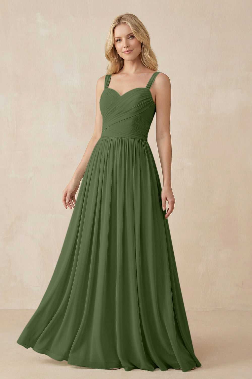 A-Line Pleated Long Chiffon Bridesmaid Dress in Moss