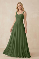 A-Line Pleated Long Chiffon Bridesmaid Dress in Moss | KISSBRIDAL