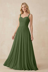 A-Line Pleated Long Chiffon Bridesmaid Dress in Moss | KISSBRIDAL