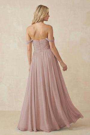 A-Line Pleated Long Chiffon Bridesmaid Dress in Toffee (2) | KISSBRIDAL