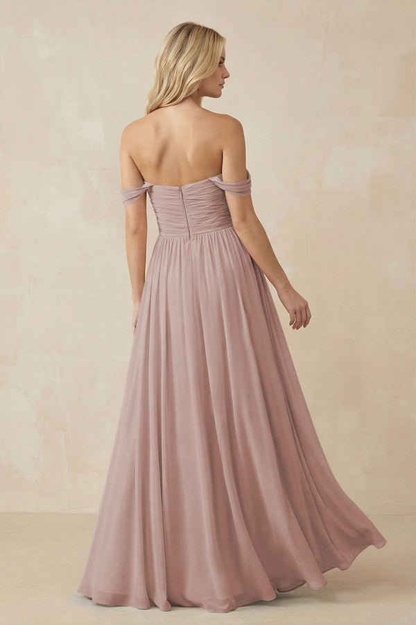 A-Line Pleated Long Chiffon Bridesmaid Dress in Toffee (2) | KISSBRIDAL