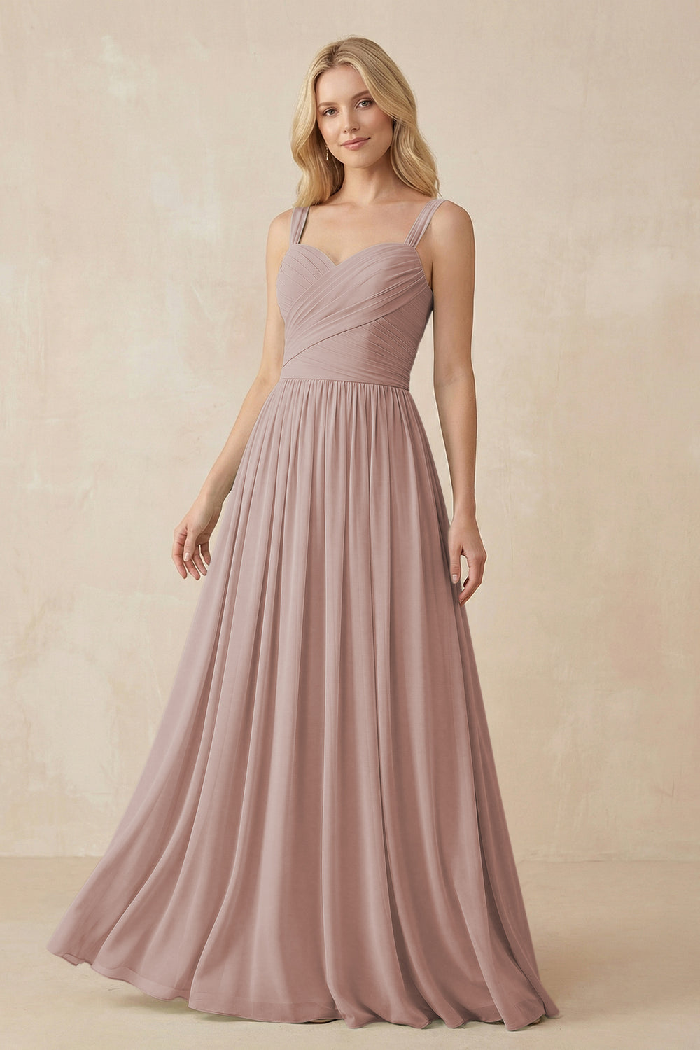 A-Line Pleated Long Chiffon Bridesmaid Dress in Toffee