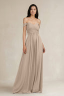 A - Line Pleated Off - the - Shoulder Chiffon Bridesmaid Dress in Almond - SHE IS ME Bridesmaid Dresses