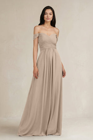 A - Line Pleated Off - the - Shoulder Chiffon Bridesmaid Dress in Almond - SHE IS ME Bridesmaid Dresses