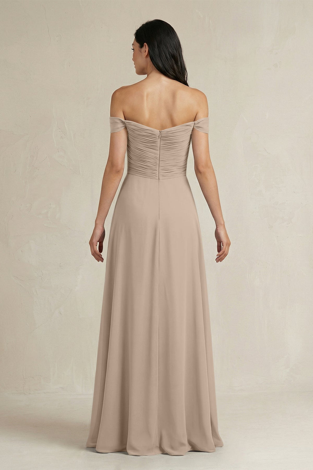 A - Line Pleated Off - the - Shoulder Chiffon Bridesmaid Dress in Almond - KISS BRIDAL Bridesmaid Dresses