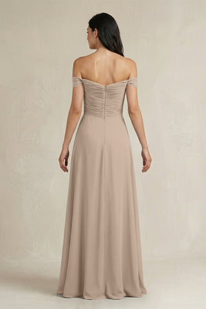 A - Line Pleated Off - the - Shoulder Chiffon Bridesmaid Dress in Almond - SHE IS ME Bridesmaid Dresses