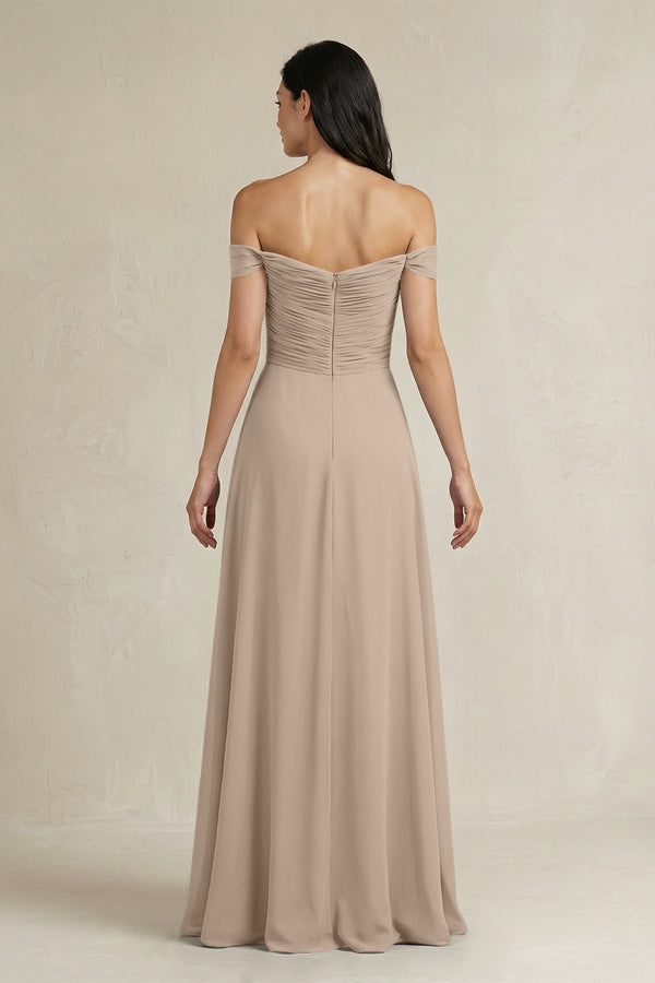 A - Line Pleated Off - the - Shoulder Chiffon Bridesmaid Dress in Almond - SHE IS ME Bridesmaid Dresses