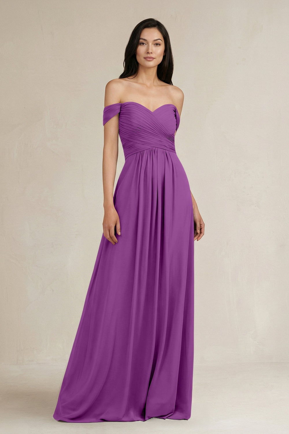 A - Line Pleated Off - the - Shoulder Chiffon Bridesmaid Dress in Amethyst - KISS BRIDAL Bridesmaid Dresses