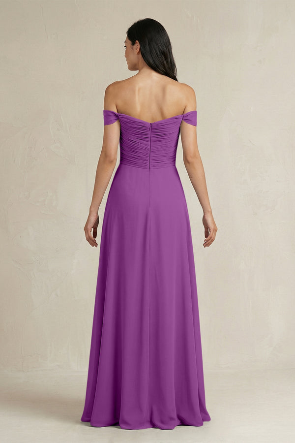 A - Line Pleated Off - the - Shoulder Chiffon Bridesmaid Dress in Amethyst - KISS BRIDAL Bridesmaid Dresses