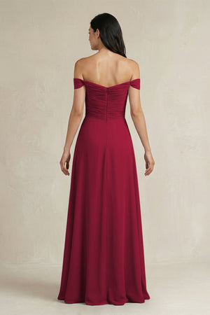 A - Line Pleated Off - the - Shoulder Chiffon Bridesmaid Dress in Berry - KISS BRIDAL Bridesmaid Dresses