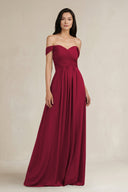 A - Line Pleated Off - the - Shoulder Chiffon Bridesmaid Dress in Berry - KISS BRIDAL Bridesmaid Dresses