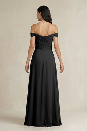 A - Line Pleated Off - the - Shoulder Chiffon Bridesmaid Dress in Black - KISS BRIDAL Bridesmaid Dresses