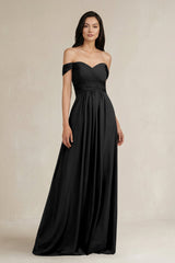 A - Line Pleated Off - the - Shoulder Chiffon Bridesmaid Dress in Black - KISS BRIDAL Bridesmaid Dresses