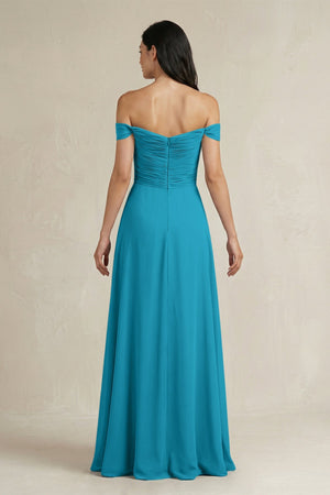 A - Line Pleated Off - the - Shoulder Chiffon Bridesmaid Dress in Blue Jay - KISS BRIDAL Bridesmaid Dresses