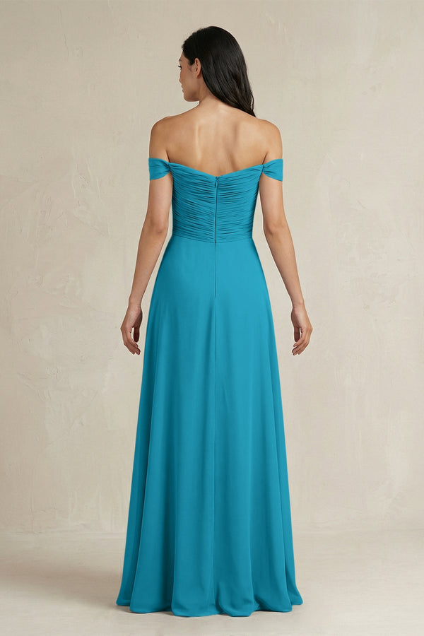 A - Line Pleated Off - the - Shoulder Chiffon Bridesmaid Dress in Blue Jay - KISS BRIDAL Bridesmaid Dresses