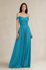 A - Line Pleated Off - the - Shoulder Chiffon Bridesmaid Dress in Blue Jay - KISS BRIDAL Bridesmaid Dresses