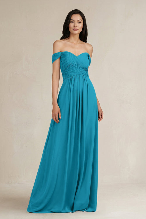 A - Line Pleated Off - the - Shoulder Chiffon Bridesmaid Dress in Blue Jay - KISS BRIDAL Bridesmaid Dresses