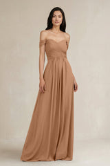 A - Line Pleated Off - the - Shoulder Chiffon Bridesmaid Dress in Bronzer - KISS BRIDAL Bridesmaid Dresses
