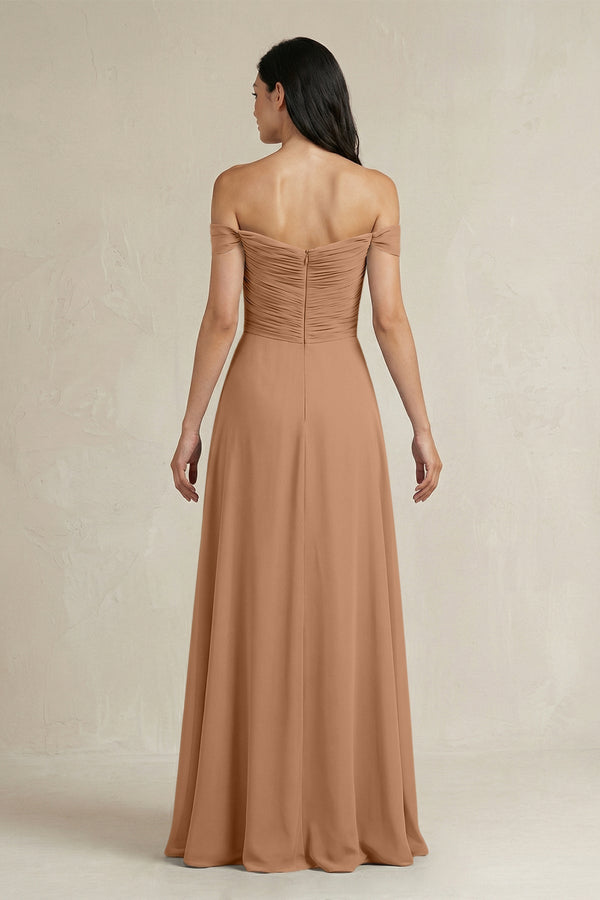 A - Line Pleated Off - the - Shoulder Chiffon Bridesmaid Dress in Bronzer - KISS BRIDAL Bridesmaid Dresses