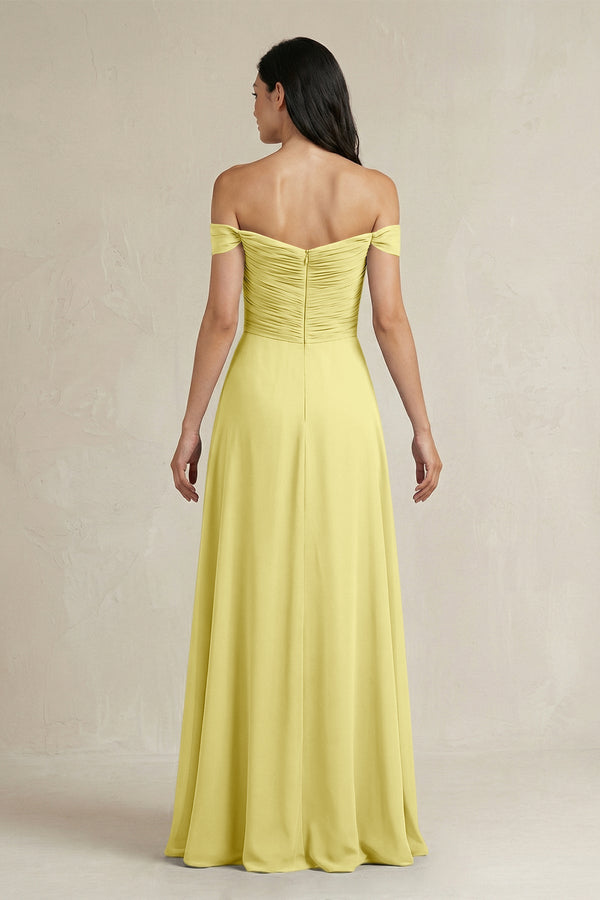A - Line Pleated Off - the - Shoulder Chiffon Bridesmaid Dress in Buttercup - KISS BRIDAL Bridesmaid Dresses
