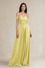 A - Line Pleated Off - the - Shoulder Chiffon Bridesmaid Dress in Buttercup - KISS BRIDAL Bridesmaid Dresses