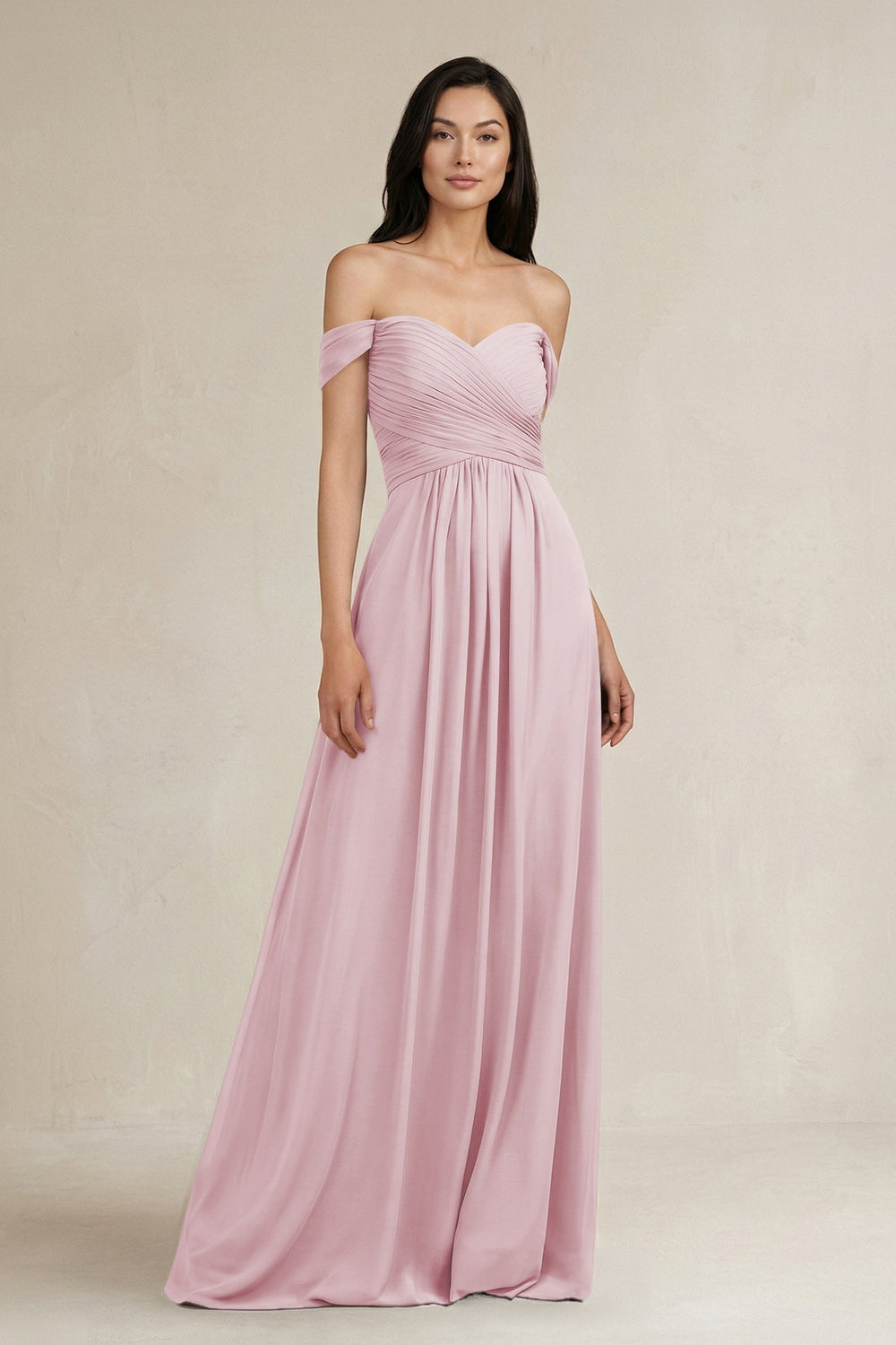A - Line Pleated Off - the - Shoulder Chiffon Bridesmaid Dress in Candy Pink - KISS BRIDAL Bridesmaid Dresses