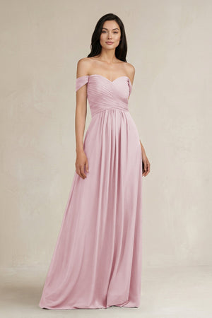 A - Line Pleated Off - the - Shoulder Chiffon Bridesmaid Dress in Candy Pink - KISS BRIDAL Bridesmaid Dresses