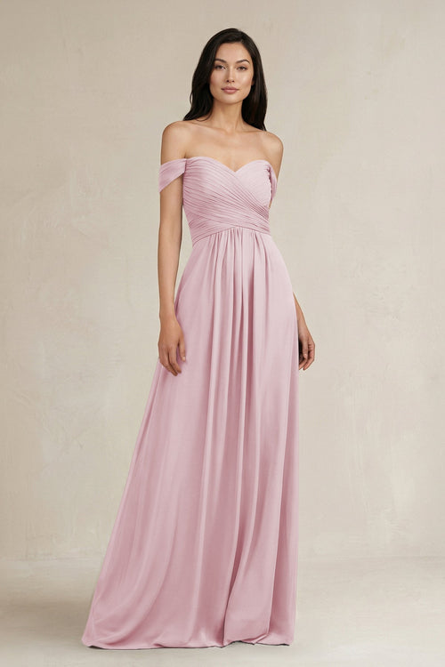 A - Line Pleated Off - the - Shoulder Chiffon Bridesmaid Dress in Candy Pink - KISS BRIDAL Bridesmaid Dresses