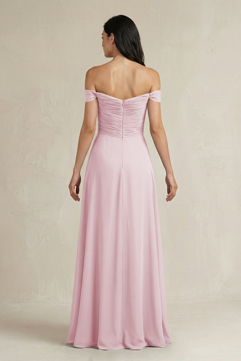 A - Line Pleated Off - the - Shoulder Chiffon Bridesmaid Dress in Candy Pink - KISS BRIDAL Bridesmaid Dresses