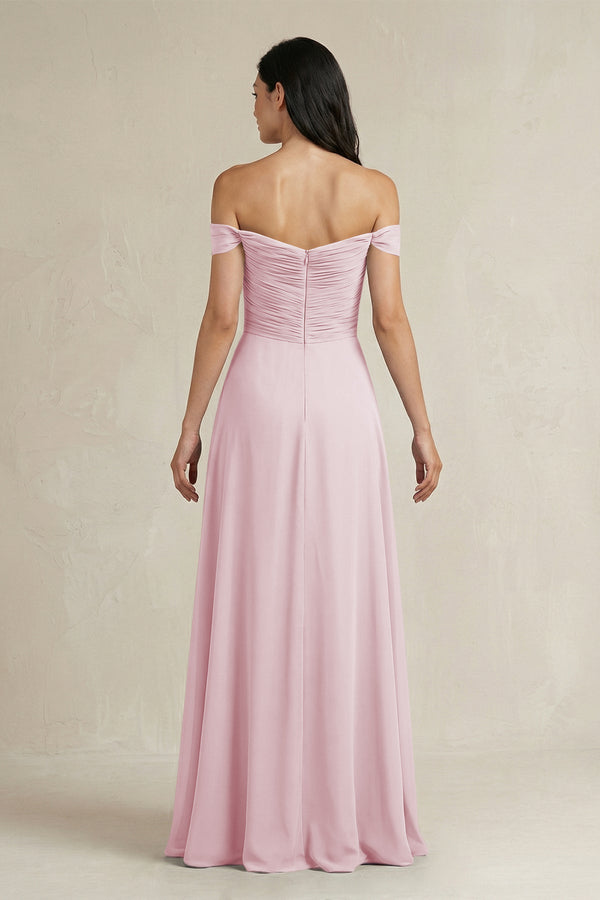 A - Line Pleated Off - the - Shoulder Chiffon Bridesmaid Dress in Candy Pink - KISS BRIDAL Bridesmaid Dresses
