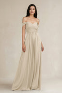 A - Line Pleated Off - the - Shoulder Chiffon Bridesmaid Dress in Champagne - KISS BRIDAL Bridesmaid Dresses