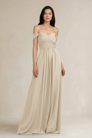 A - Line Pleated Off - the - Shoulder Chiffon Bridesmaid Dress in Champagne - KISS BRIDAL Bridesmaid Dresses