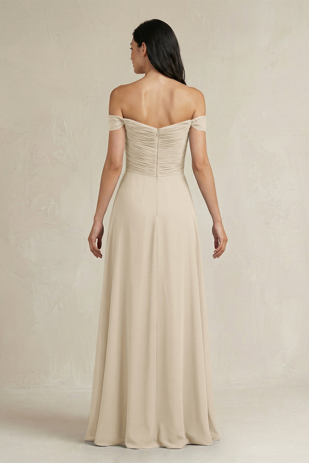 A - Line Pleated Off - the - Shoulder Chiffon Bridesmaid Dress in Champagne - KISS BRIDAL Bridesmaid Dresses
