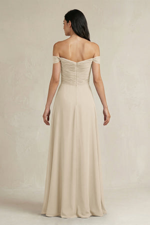 A - Line Pleated Off - the - Shoulder Chiffon Bridesmaid Dress in Champagne - KISS BRIDAL Bridesmaid Dresses