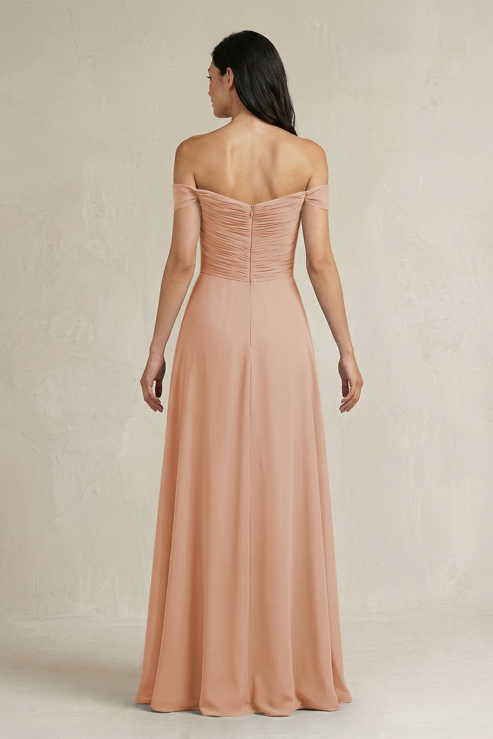 A - Line Pleated Off - the - Shoulder Chiffon Bridesmaid Dress in Champagne Rose - KISS BRIDAL Bridesmaid Dresses