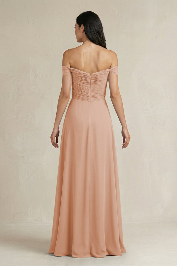 A - Line Pleated Off - the - Shoulder Chiffon Bridesmaid Dress in Champagne Rose - SHE IS ME Bridesmaid Dresses