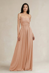 A - Line Pleated Off - the - Shoulder Chiffon Bridesmaid Dress in Champagne Rose - KISS BRIDAL Bridesmaid Dresses