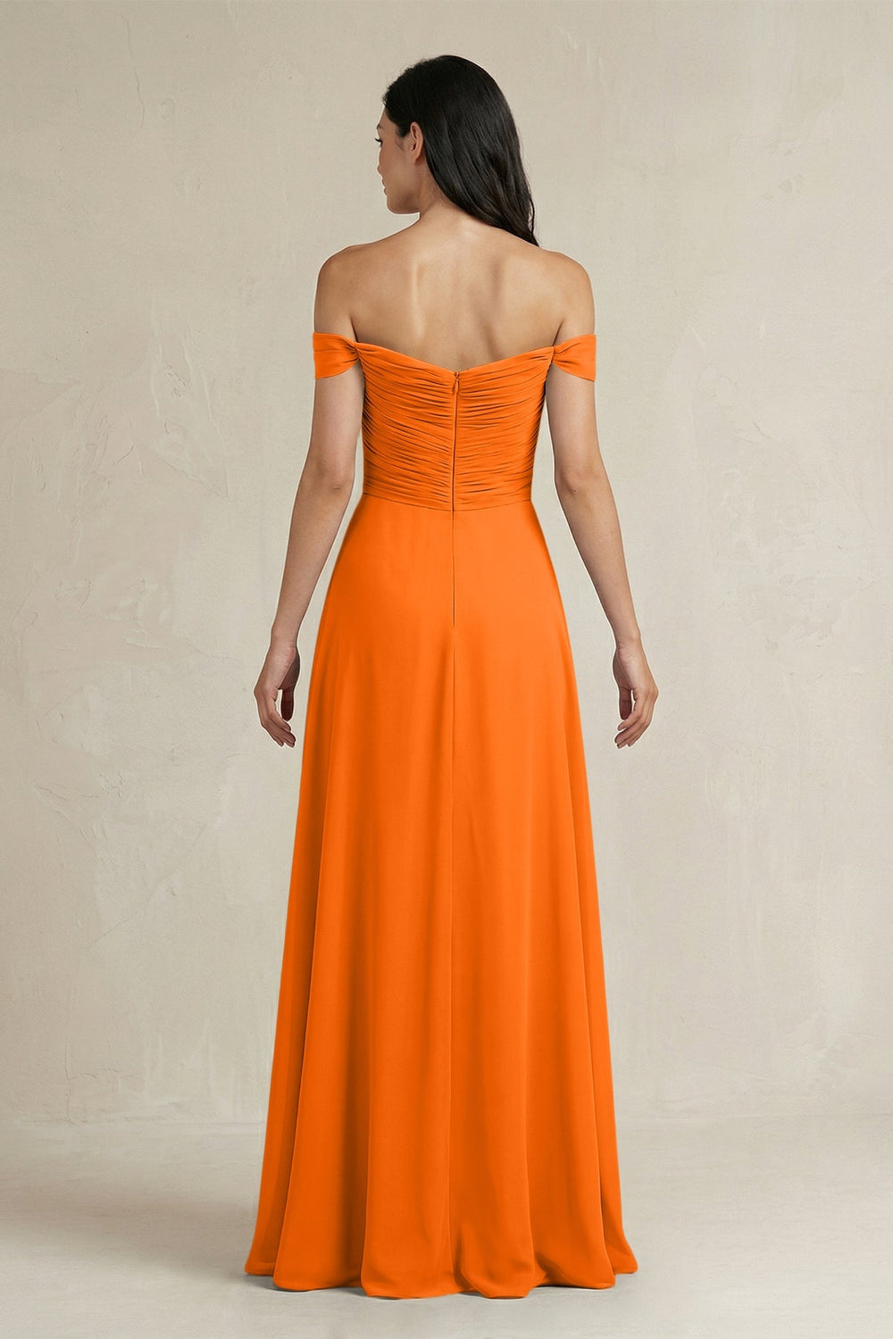 A - Line Pleated Off - the - Shoulder Chiffon Bridesmaid Dress in Cinnamon - KISS BRIDAL Bridesmaid Dresses