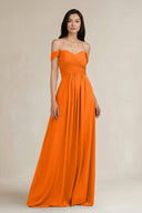 A - Line Pleated Off - the - Shoulder Chiffon Bridesmaid Dress in Cinnamon - KISS BRIDAL Bridesmaid Dresses