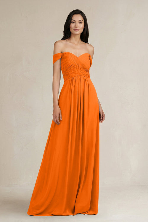 A - Line Pleated Off - the - Shoulder Chiffon Bridesmaid Dress in Cinnamon - KISS BRIDAL Bridesmaid Dresses