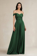 A - Line Pleated Off - the - Shoulder Chiffon Bridesmaid Dress in Dark Green - KISS BRIDAL Bridesmaid Dresses