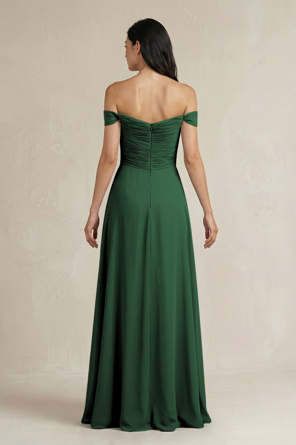 A - Line Pleated Off - the - Shoulder Chiffon Bridesmaid Dress in Dark Green - KISS BRIDAL Bridesmaid Dresses