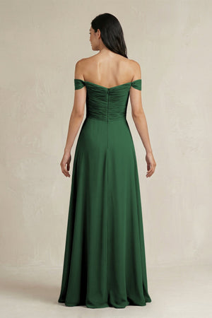 A - Line Pleated Off - the - Shoulder Chiffon Bridesmaid Dress in Dark Green - KISS BRIDAL Bridesmaid Dresses