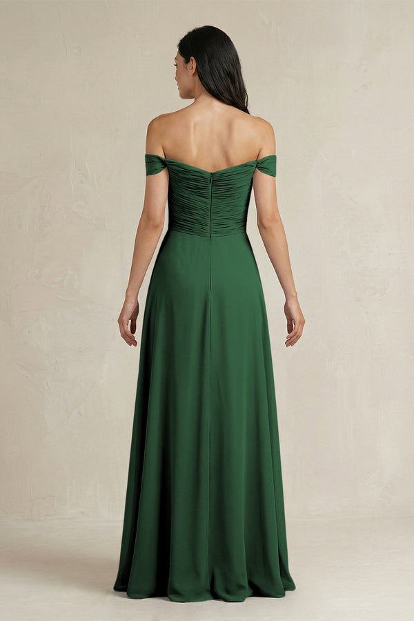 A - Line Pleated Off - the - Shoulder Chiffon Bridesmaid Dress in Dark Green - KISS BRIDAL Bridesmaid Dresses