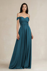 A - Line Pleated Off - the - Shoulder Chiffon Bridesmaid Dress in Dark Teal - KISS BRIDAL Bridesmaid Dresses