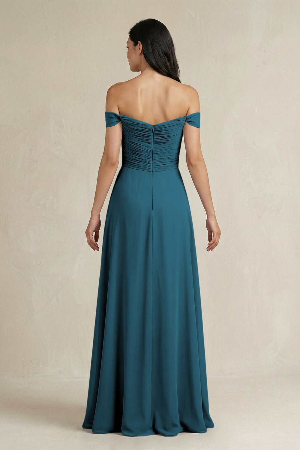 A - Line Pleated Off - the - Shoulder Chiffon Bridesmaid Dress in Dark Teal - KISS BRIDAL Bridesmaid Dresses
